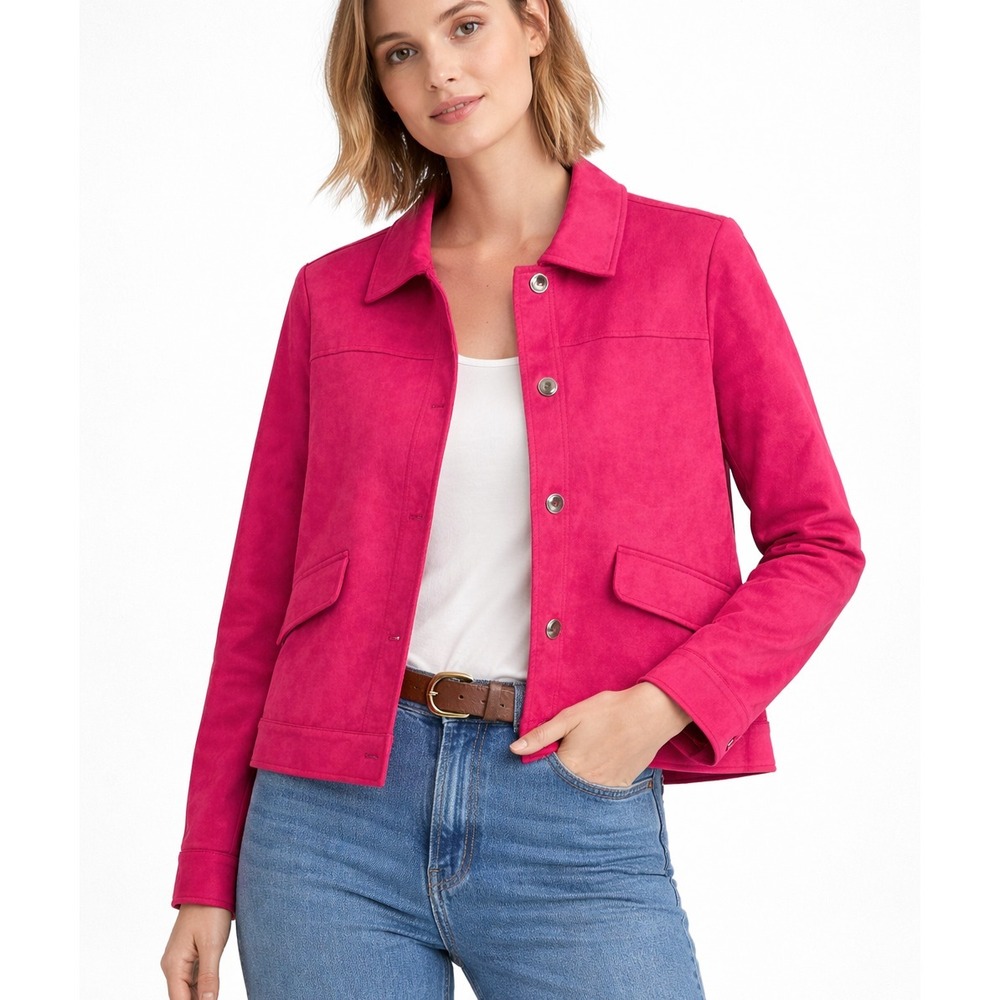Chicos Womens Faux Suede Jacket Size L Fuchsia Barbiecore Chic Elevated Casual